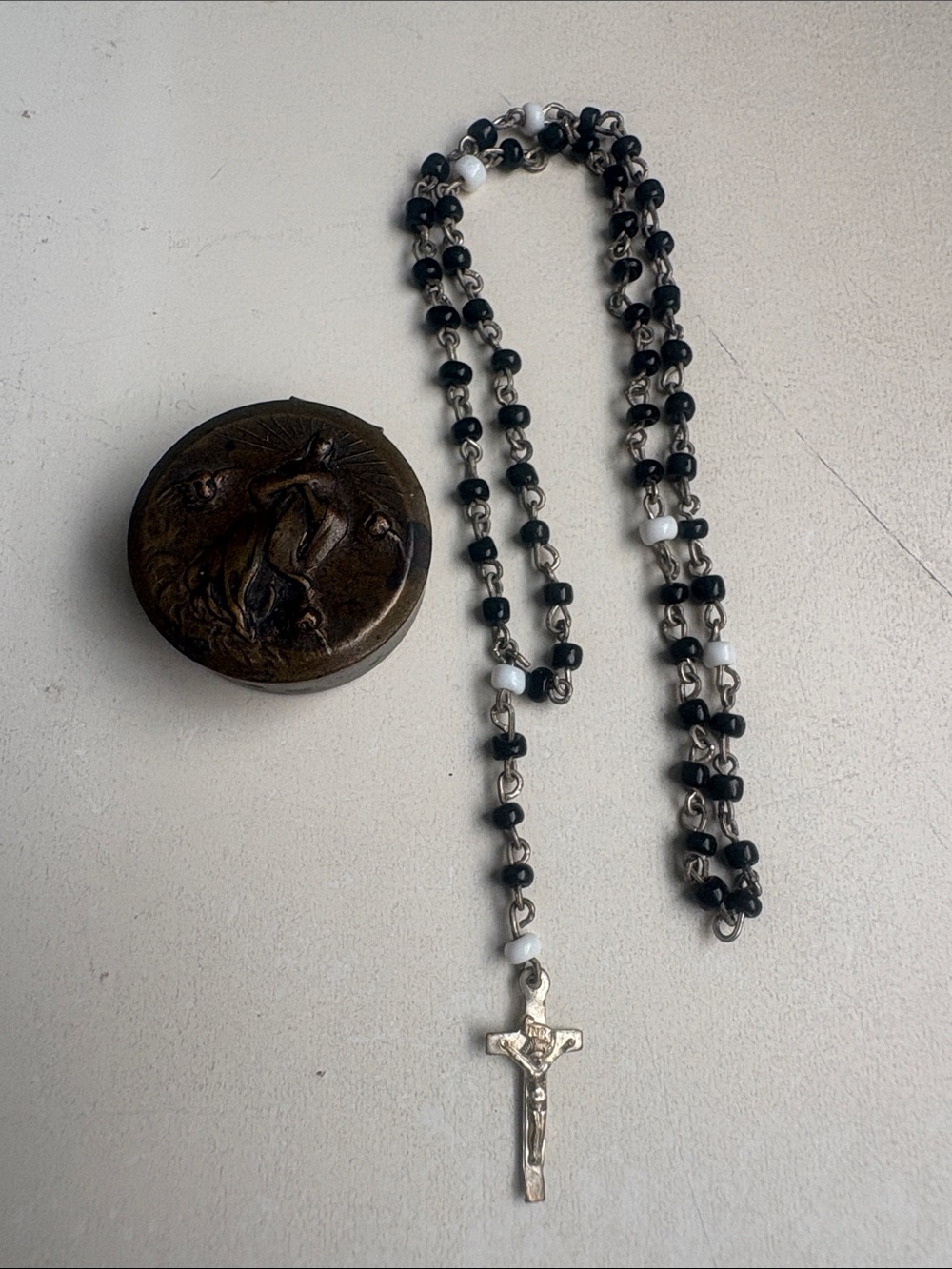 Black & White Beaded Rosary Necklace with Silver Crucifix